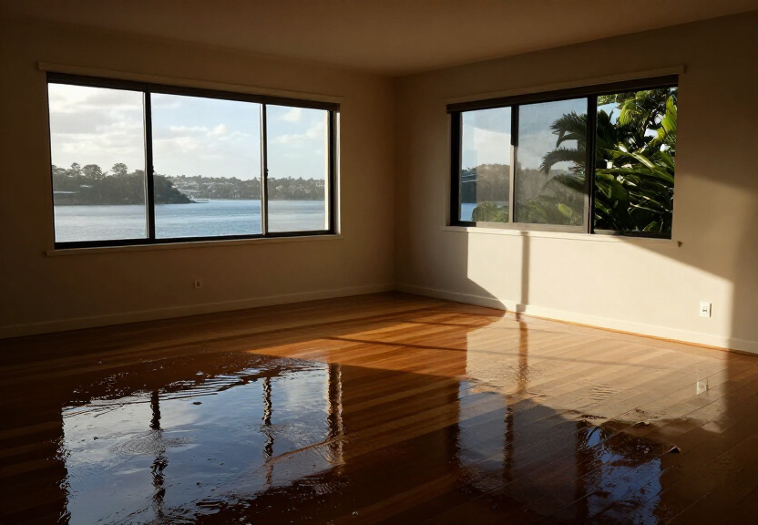 Flood-damaged living room in Pitt Town before restoration